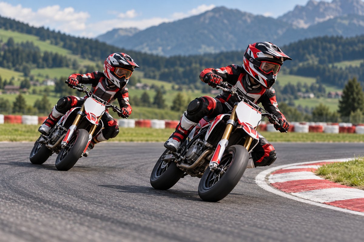 Nachwuchsfahrer auf Mini-Supermotos auf einer abgesperrten Rennstrecke